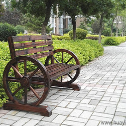 Rustic Old Fashioned Wooden Wagon Wheel Bench - Outdoor Benches