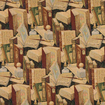 Classic Books Writing Utensils Themed Tapestry Upholstery Fabric By The Yard