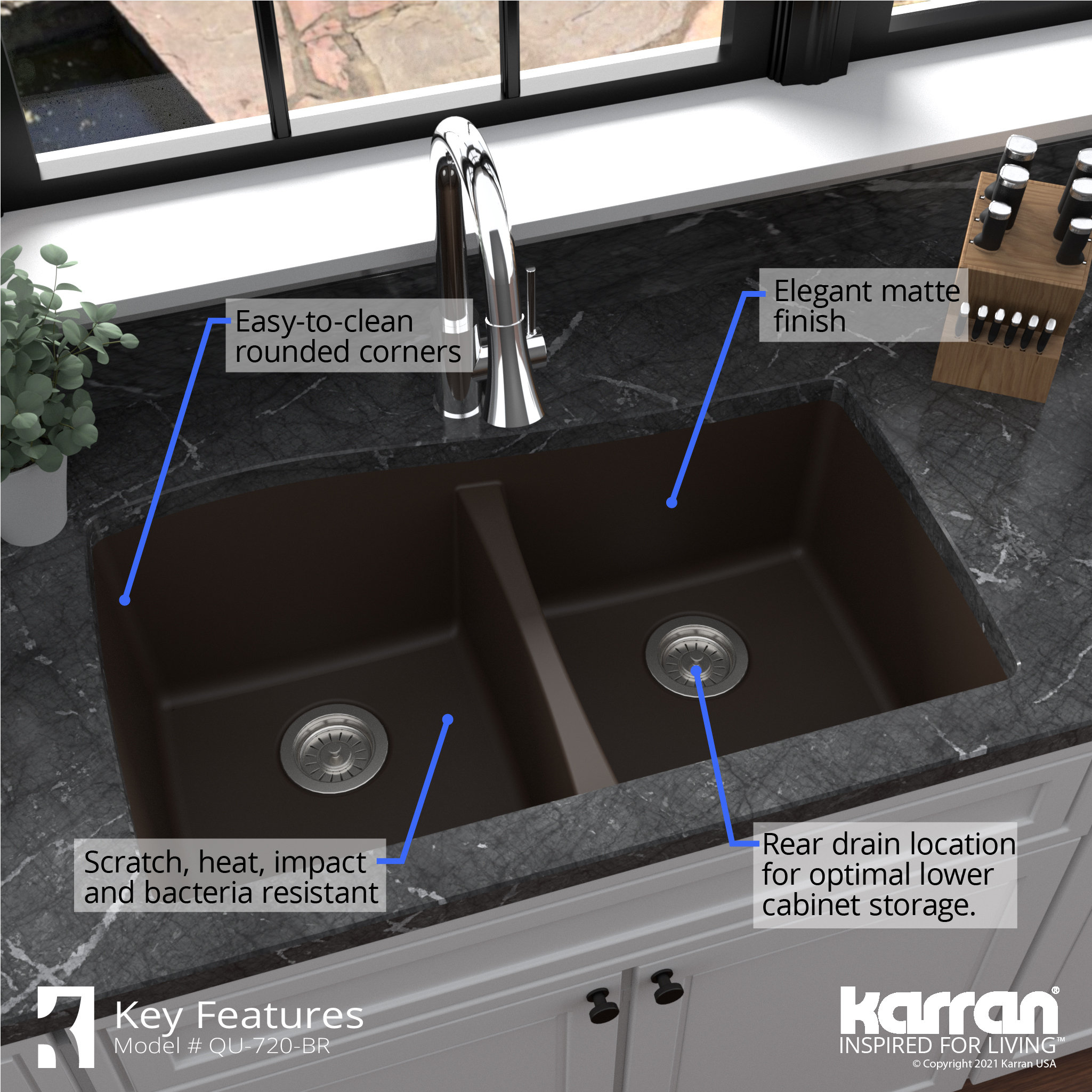 Karran Undermount Quartz 33" 50/50 Double Bowl Kitchen Sink, Brown