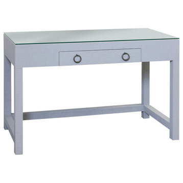 Bay St. Louis Woven Raffia Desk With Glass Top Shadow Gray, Silver Leaf