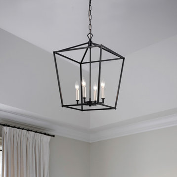 4-Light Matte Black Lantern Pendant Chandelier 16" With Nickle or Black Sleeve