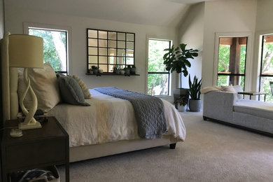 Large transitional master carpeted and beige floor bedroom photo in Dallas with white walls, a ribbon fireplace and a stone fireplace