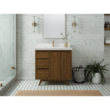 Madison Teak 36" Center Sink Bath Vanity in Dark Natural 2" Calacatta Gold