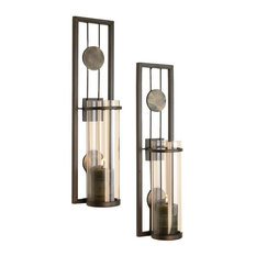 Contemporary Metal Wall Sconces With Antique Patina Medallions, Set of 2