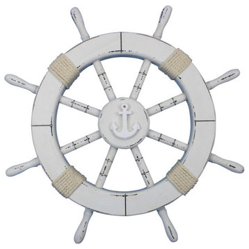 Rustic White Ship Wheel with Anchor 18'', Anchor Decor, Beach Theme