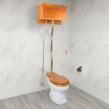 High Tank Toilets White Raised Panel Cherry Finish Elongated Z-Pipe, White, Bras