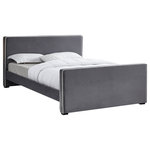 Meridian Furniture - Dillard Velvet Upholstered Bed, Gray, King - Lend your bedroom an elegant look with this Dillard velvet bed. Live out your velvet fantasy with this bed's soft grey velvet upholstery that runs the full length of the bed from headboard to footboard and is trimmed with velvet piping in a contrasting color for a contemporary vibe. Dark espresso wood legs provide added support for the bed, which can be used without a box spring if desired.