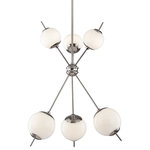 Mitzi by Hudson Valley Lighting - Remi 6-Light Chandelier, Polished Nickel - Beneath the shiny outside of Remi's white glass diffusers is a subtle swirl. Obviously indebted to the mid-century modern sputnik tradition, Remi has many other tricks up its sleeve. There's the illusion that its rods pierce straight through the shades, there's the thick band around the core, and then there are the perforated metal bases on the shades. A stunner.