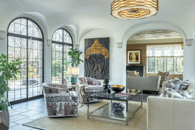 Living room - mid-sized mediterranean formal and enclosed marble floor living room idea in St Louis with white walls, no fireplace and no tv