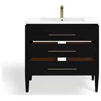 Grace Bathroom Vanity, Black With Brass Trim, 36", Single Sink, Freestanding