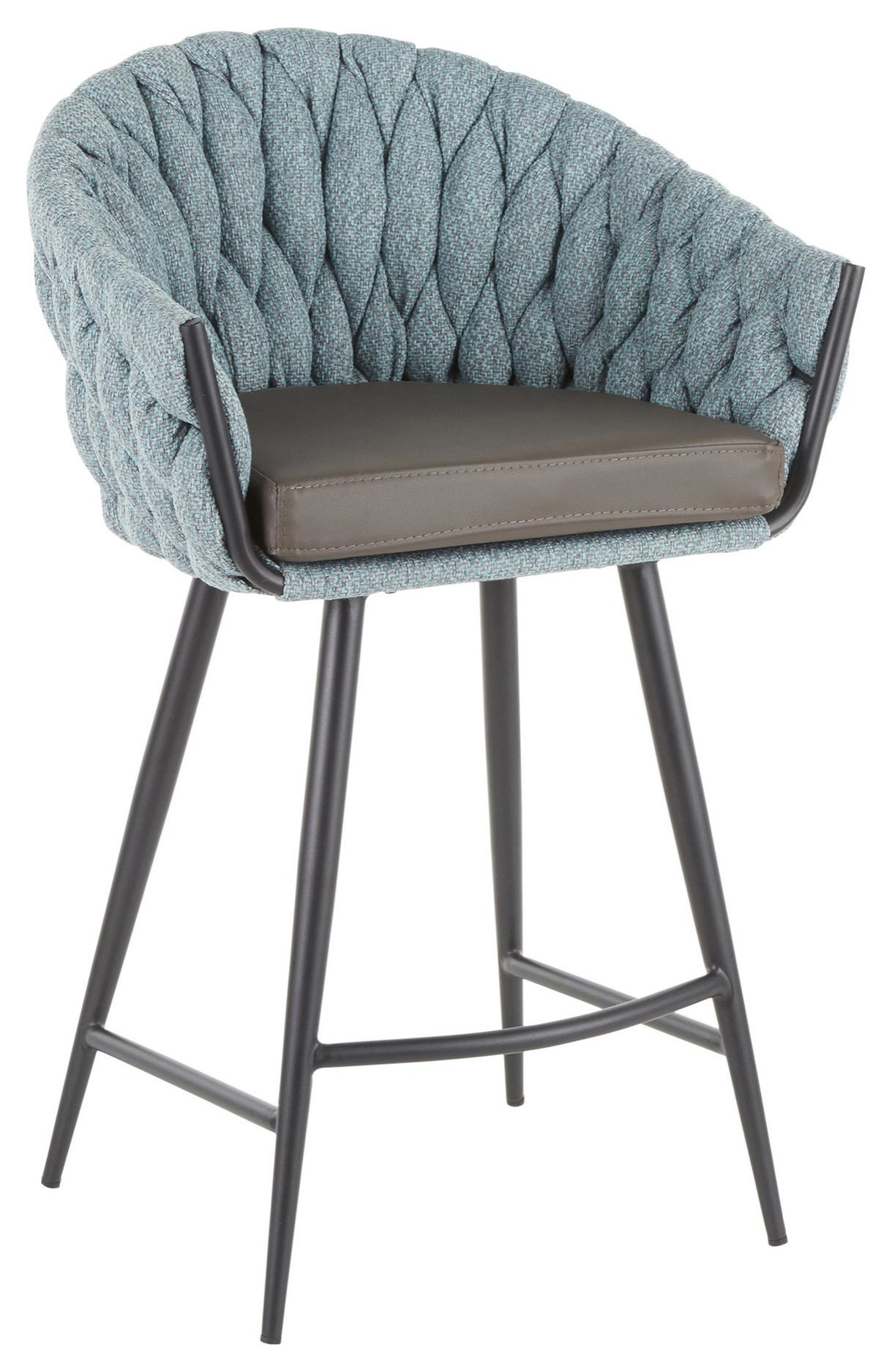 Braided Matisse Counter Stool, Black Metal, Grey PU, Blue Fabric