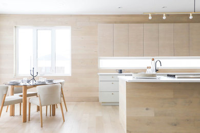 Photo of a scandinavian eat-in kitchen in Other with flat-panel cabinets, quartzite benchtops, window splashback, stainless steel appliances, light hardwood floors and with island.