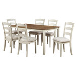 OSP Home Furnishings - West Lake 66� 7-Piece Dining Table Set With Tobacco Finish Top and Cream Base - Create the perfect place for gathering, with our traditional 7-piece dining set. Attractive two-tone style provides a beautiful classic farmhouse feel, thanks to a natural woodgrain veneer top and lightly distressed solid wood painted frame. Durable rubberwood solid block and brace construction ensures leisurely dining and conversations for years to come. Chairs feature high, comfortable backs, padded,100% Polyester upholstered seats and tapered leg. Set includes table and 6 matching chairs
