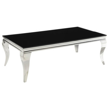 Modern Metal Frame Coffee Table With Beveled Glass Top, Black And Silver