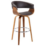 Armen Living - Julyssa Mid-Century Swivel Stool, Faux Leather, Brown/Walnut, Bar Height 30" - The Armen Living Julyssa mid-century bar stool is a standout in any contemporary household setting. The Julyssa's beautiful walnut wood frame is perfectly accented by its brown faux leather upholstered seat and back. The Julyssa is wonderfully versatile, sporting a stylish yet practical appearance as well as a 360-degree swivel function for exceptional mobility. We stand by the quality, the craftsmanship, and the integrity of our product by offering a 1-year warranty for all our products. We want our customers to enjoy our product and we will always be there to help with our top-notch customer service support. Bar Height Product dimensions: 24"W x 20"D x 40. 5"H SH: 31, Counter Height Product Dimensions: 24&rdquo;W x 20&rdquo;D x 37&rdquo;H x Seat H: 27&rdquo;