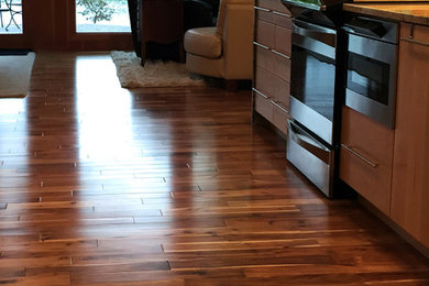 Design ideas for a transitional galley kitchen in Boise with dark hardwood floors.