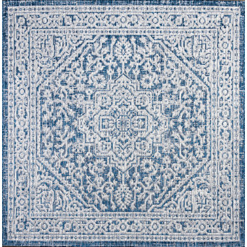 Sinjuri Medallion Textured Weave Indoor/Outdoor, Navy/Gray, 5'3" Square