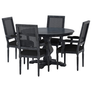 Joretta French Country Upholstered Wood and Cane 5-Piece Circular Dining Set, Gray/Black