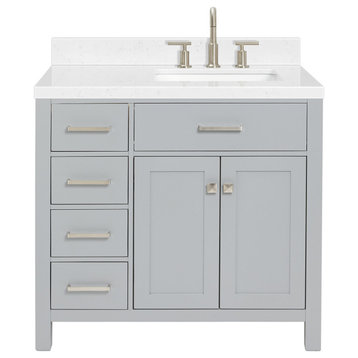 Ariel Bristol 36" Single Right Rectangle Sink Bathroom Vanity, Carrara Quartz, Grey