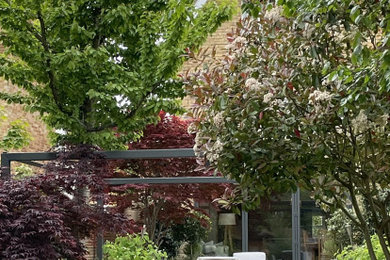 Kleiner, Halbschattiger Moderner Garten hinter dem Haus mit Holzzaun in Manchester