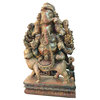 Consigned Hindu Ganesh Solid Wooden Sculpture Panchmukha Face Ganesha Statue