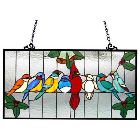 AVES, Tiffany-glass Gathering Birds Window Panel, 24.5x12.5