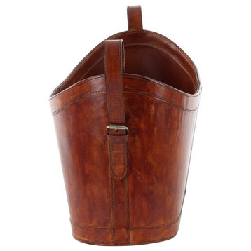 Bucket-Shaped Handmade Authentic Leather Magazine Holder with Strapped Buckles