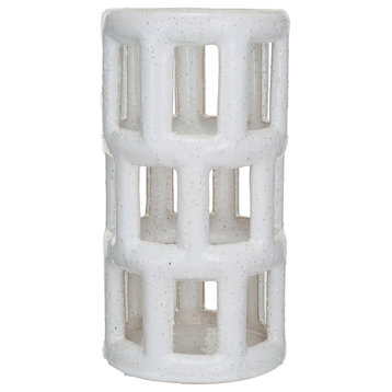 Decorative Stoneware Lantern Candle Holder With Cut-Outs, White