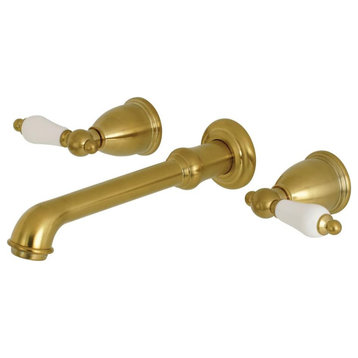 Wall Mounted Bathroom Faucet, White Porcelain Lever Handles, Brushed Brass