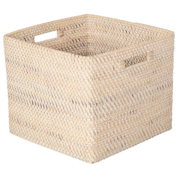 Loma Decorative Square Rattan Storage Basket With Handles, Honey-Brown, Latte