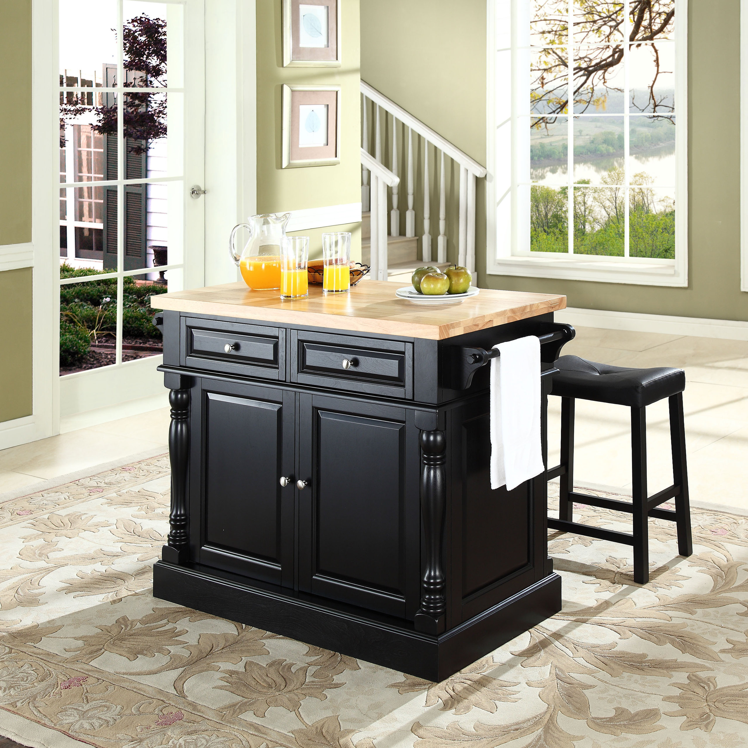 Butcher Block Top Kitchen Island, 24" Black Upholstered Saddle Stools ...