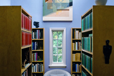 Study room - mid-sized eclectic carpeted study room idea in Philadelphia with blue walls and a ribbon fireplace