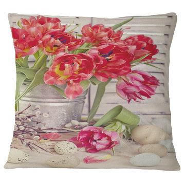 Tulip Flowers And Easter Eggs Floral Throw Pillow, 16"x16"