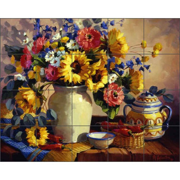 Ceramic Tile Mural Backsplash, Sunshine in a Vase by Maxine Johnston, 30"x24"
