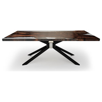 Clear Epoxy Resin & Walnut Wood Rectangular Dining Table, Black & Chrome