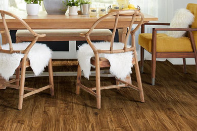 Example of a mid-sized trendy medium tone wood floor enclosed dining room design in Boston with white walls and no fireplace