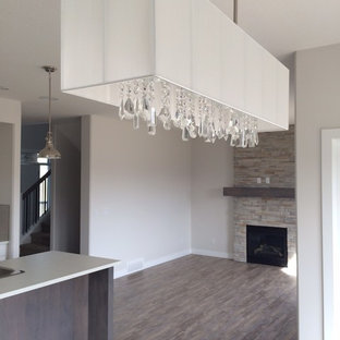 カルガリーの中サイズのモダンスタイルのLDKの画像 (白い壁、濃色無垢フローリング、標準型暖炉、石材の暖炉まわり、茶色い床)