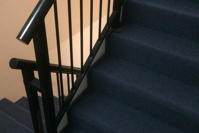 На фото: лестница среднего размера в современном стиле с ступенями с ковровым покрытием и ковровыми подступенками
