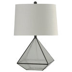 StyleCraft Home Collection - Burke Bronze |  Medallion Glass Pane Table Lamp - The Burke table lamp is a portable favorite with a uniquely modern profile that lends a unique character to any tabletop. Made using bronze finish metal with clear glass panes, it claims space without overpowering minimalist decor. Add its simple and understated white fabric hardback shade and you have a marvelous lighting choice for the contemporary room.
