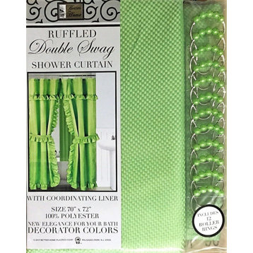 MOSAIC DOUBLE SWAG FABRIC SHOWER CURTAIN, LINER AND 12 ROLLER HOOKS, MINT GREEN
