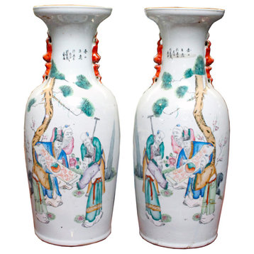 Pair Vintage Chinese Porcelain Oriental 5 Immortal Scenery Vases Hws903