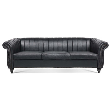 CRO Decor 84''W Rolled Arm Chesterfield Three Seater Leather Sofa in Black