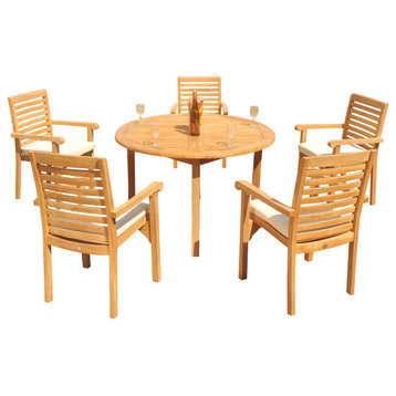 6-Piece Outdoor Teak Dining Set: 48" Round Table, 5 Hari Stacking Arm Chairs