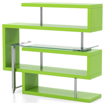 Modern Bookcase & Desk, Open Compartments With Rectangular Glass Top, Green