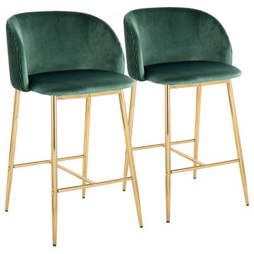 Fran Pleated Waves Counter Stool, Set of 2, Gold Metal and Green Velvet