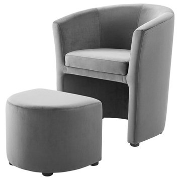Modern Lounge Lobby Armchair Accent Chair and Ottoman, Velvet Fabric, Grey Gray