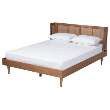 Bonnington Ash Walnut Wood and Rattan Full Size Platform Bed With Headboard