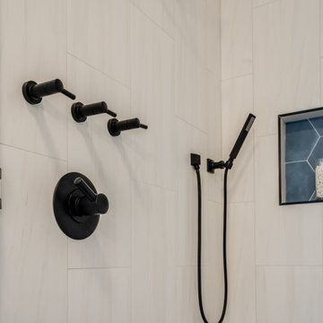 Shower Niche and Fixture Close-Up with Matte Black Hardware