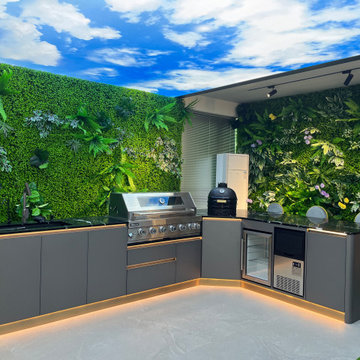 Curved L Shape Stainless Steel Outdoor Kitchen with Led Strip