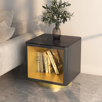 Modern Side Table with Storage Hollow Cube Table with Gold Metal Pedestal, Black